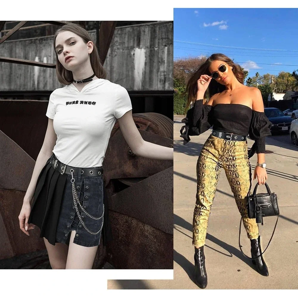 Grommet Leather Belt Detachable Chain Women Men Punk Rock Waist Belts for Pants - Picture 5 of 7